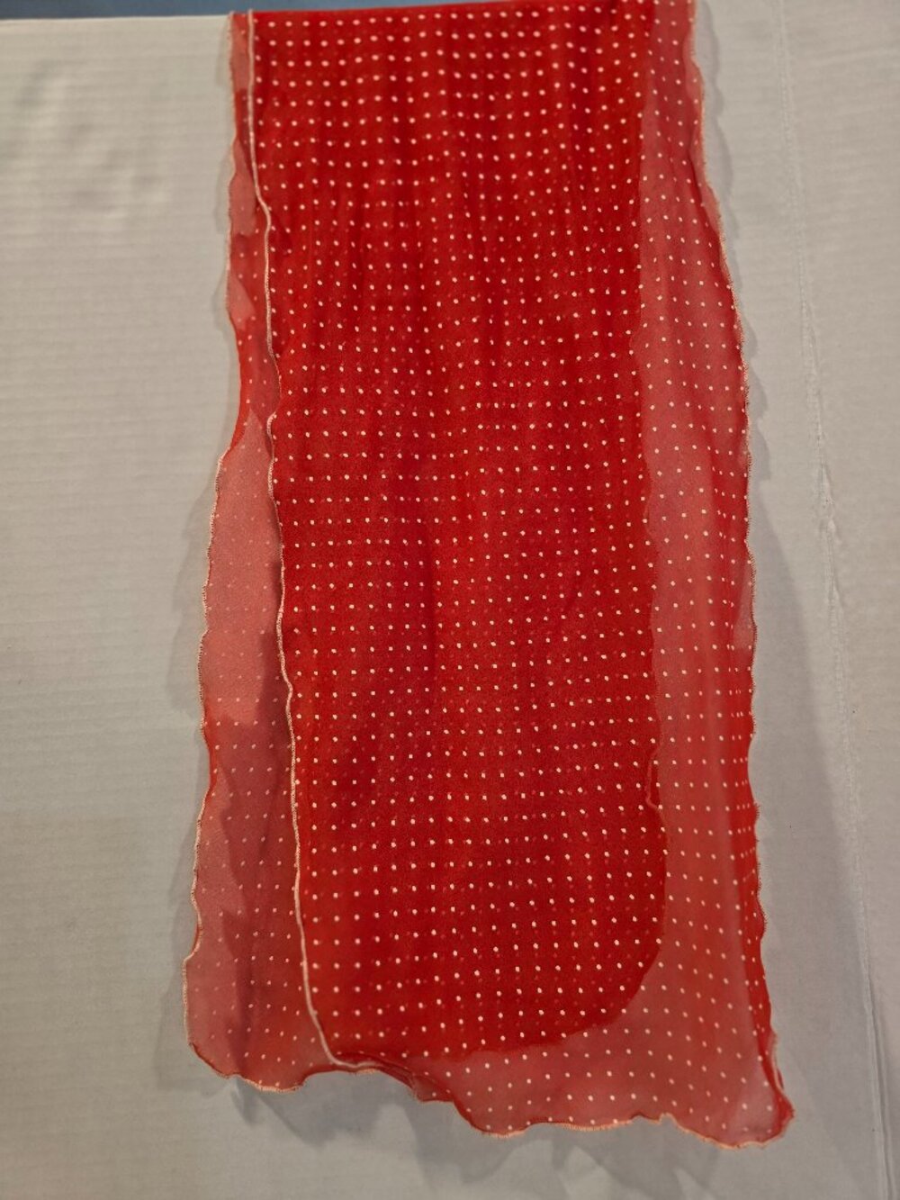 Scarf Rectangle Sheer Chiffon Red White Dots Ruffled 1970s Vintage